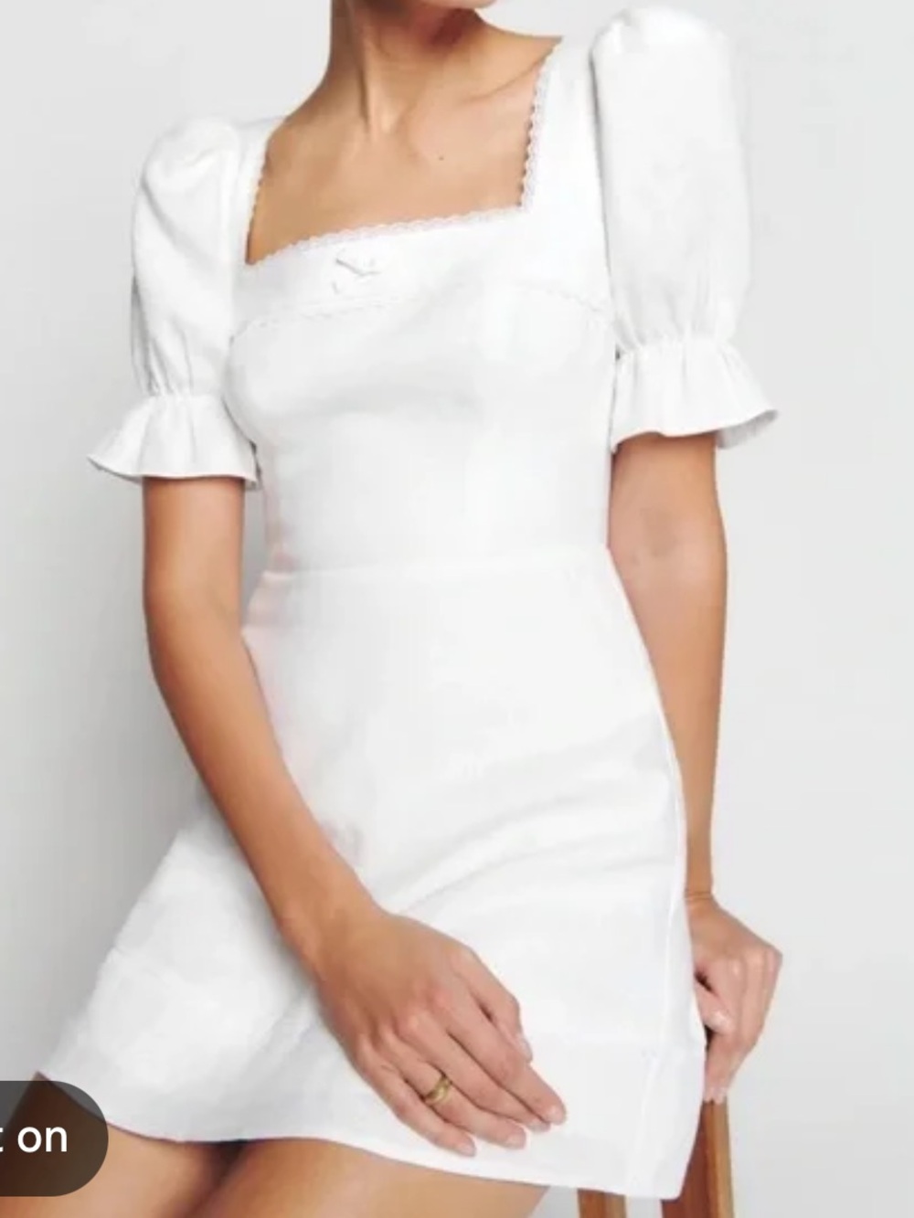Reformation White Square-Neck Linen Mini Dress with Puff Sleeves